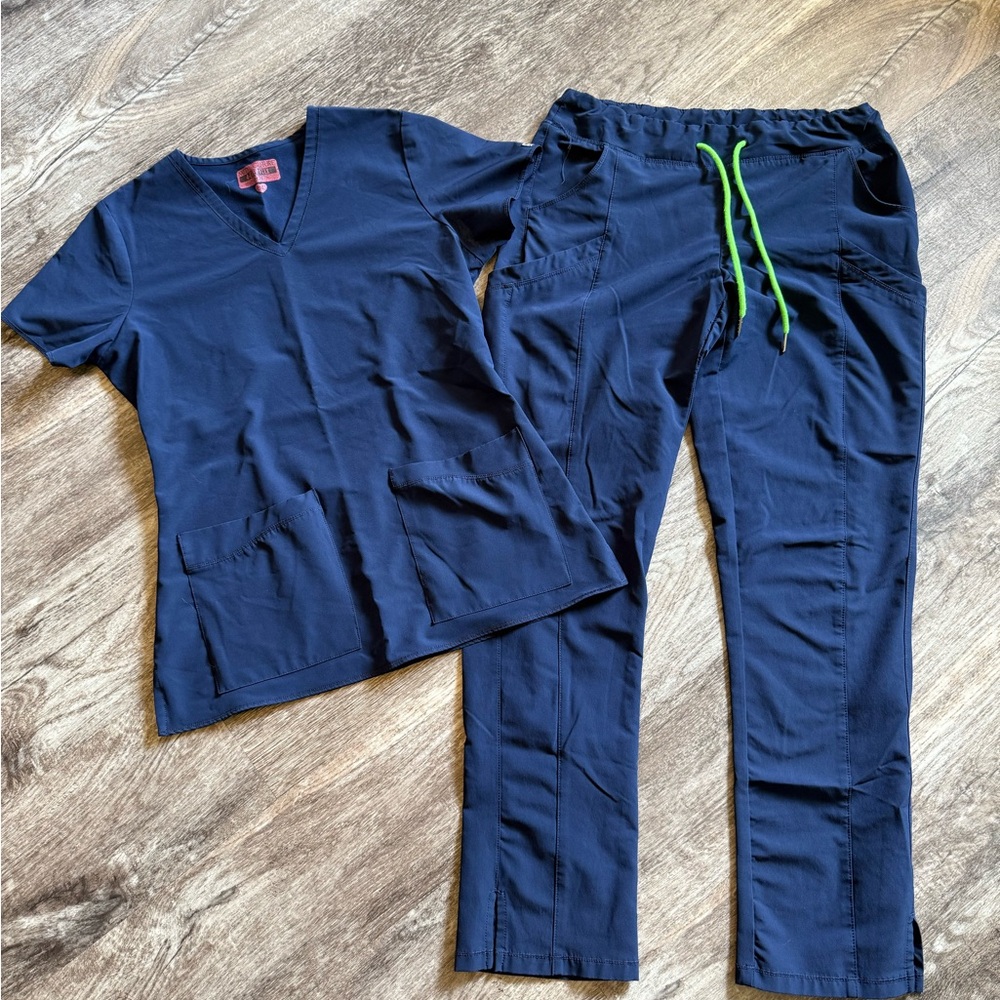 Med Couture Navy Blue Scrub Set with Green Drawstring